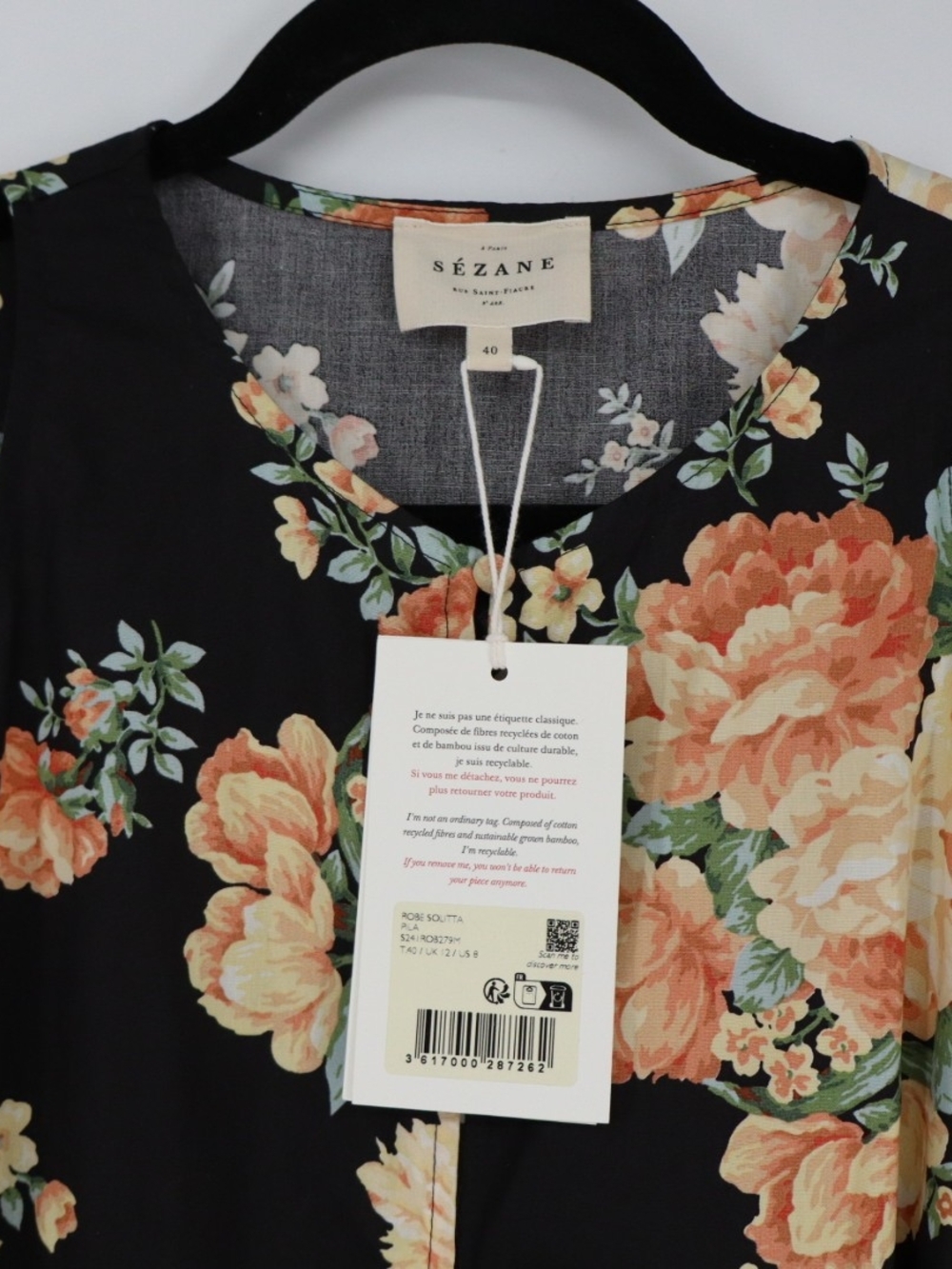 Sézane Solitta Dress Pila Print Black Floral Cotton Mini Dress Size 8 FR 40 - Picture 3 of 15